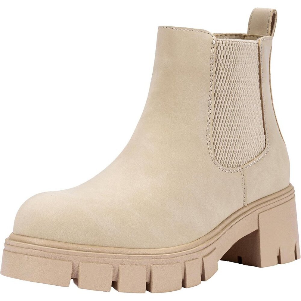 Vepose Women's Beige Faux Chelsea Leather Lug Sole Elastic Slip on Ankle Booties